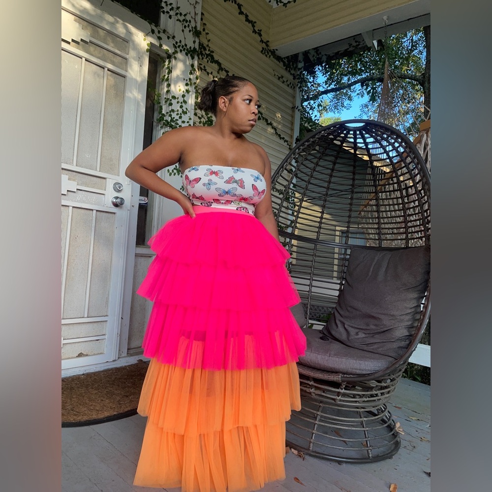 Neon pink & orange ruffle maxi skirt